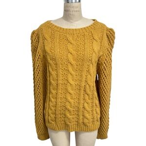 Love Shack Fancy Rosie Cable Knit Sweater Size M Puff Sleeves Alpaca Wool Lurex